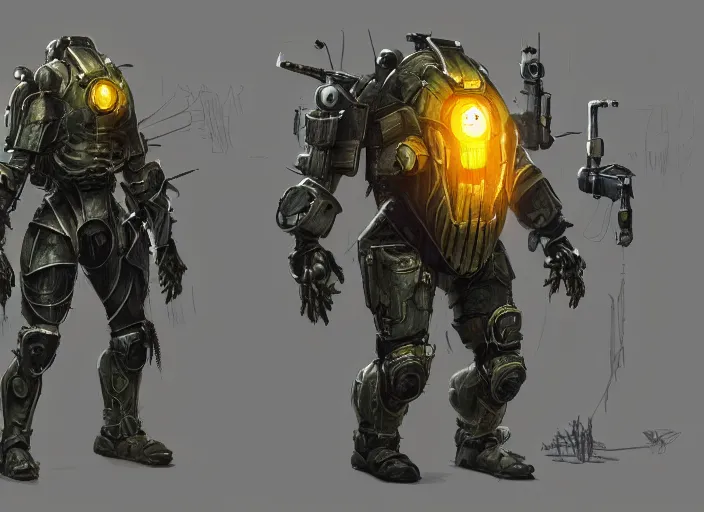 Prompt: biopunk heavily armoured soldier with glowing yellow eyes, concept art, military art, unreal engine, artstation, award winning