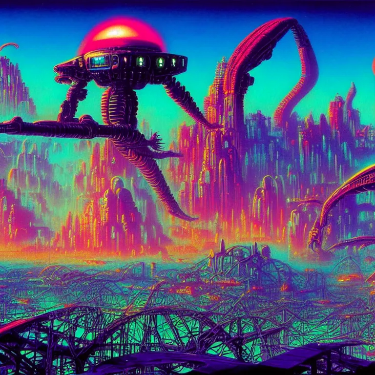 Image similar to giant menacing robot over mystical alien city, synthwave, fractal waves, bright neon colors, highly detailed, cinematic, tim white, roger dean, michael whelan, caza, bob eggleton, philippe druillet, vladimir kush, kubrick, alfred kelsner, vallejo