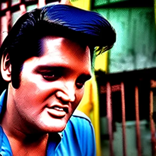 Image similar to Elvis Presley in a slum in Mumbai, XF IQ4, 150MP, 50mm, F1.4, ISO 200, 1/160s, natural light