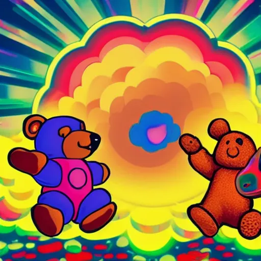 Image similar to a lot of teddy bears fights in epic battle, background a nuclear toxic multi - colored explosion in big town, psychedelic