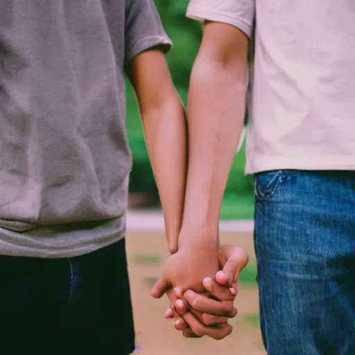 Prompt: Photograph of two male teenagers in love, holding hand, sigma 85mm