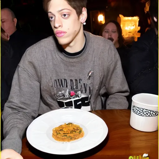 Prompt: Pete Davidson eating from a plate made from fur little tears