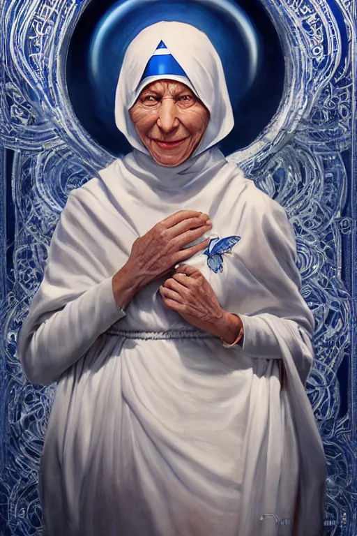 Prompt: Mother Theresa as a heroine in blue&white leather, intricate, elegant, highly detailed, centered, digital painting, artstation, concept art, smooth, sharp focus, illustration, art by artgerm and donato giancola and Joseph Christian Leyendecker, Ross Tran, WLOP