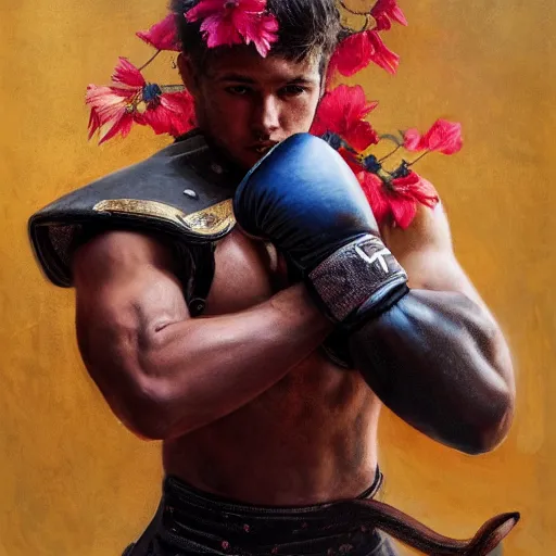 Prompt: handsome portrait of a young guy fitness posing, war hero, flexing, wearing vibrant boxing gloves, surrounded by hibiscus flowers, mma, wearing spartan bloodborne armor, radiant light, caustics, by gaston bussiere, bayard wu, greg rutkowski, giger, maxim verehin