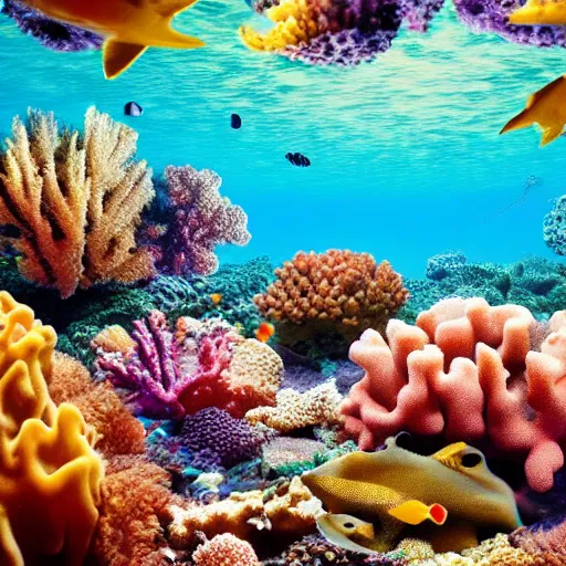 Prompt: photo of a shallow coral reef with food swimming around instead of fish, colorful, vibrant, caustics, blue water, realistic, detailed, 8k, hd, award winning photo,