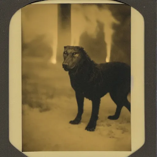 Prompt: old polaroid depicting a proud hellhound on fire, at a clearing, at night