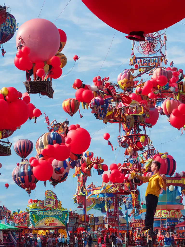 Image similar to balloon man with red balloons at the fair by disney concept artists, blunt borders, rule of thirds