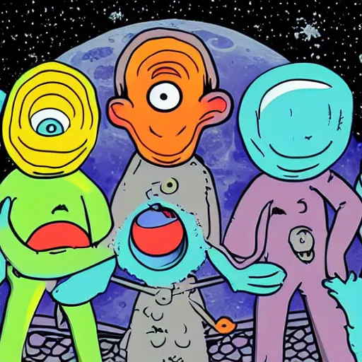 Image similar to group of aliens on moon in dr. suess style