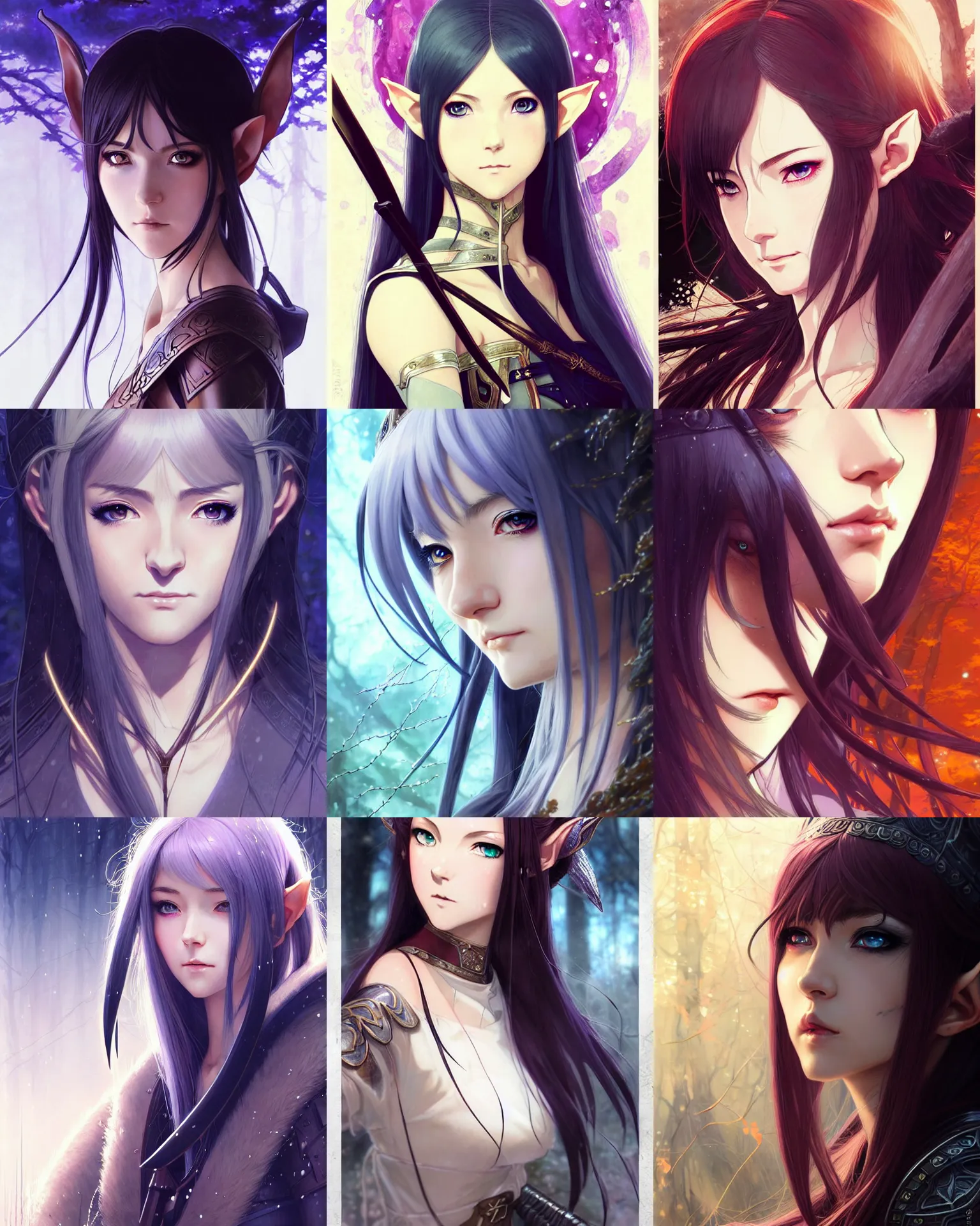 Prompt: A beautiful elven huntress || very anime, close-up portrait, fine-face, pretty face, magic leather armor, realistic shaded Perfect face, fine details. Anime. realistic shaded lighting poster by Ilya Kuvshinov katsuhiro otomo ghost-in-the-shell, magali villeneuve, artgerm, Jeremy Lipkin and Michael Garmash and Rob Rey