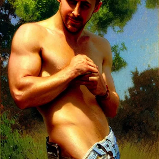 Prompt: ryan gosling mowing a lawn, sunlight glistens on his sweaty skin, painting by gaston bussiere, craig mullins, j. c. leyendecker, tom of finland