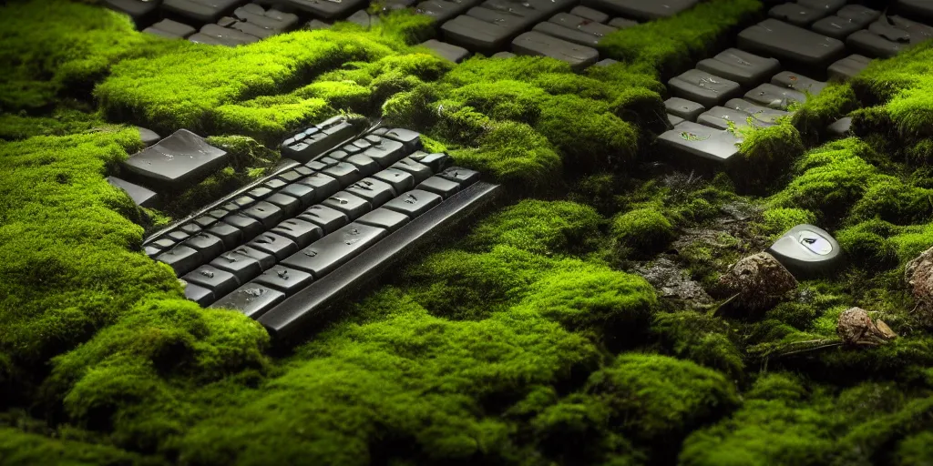 Image similar to keyboard engulfed by moss, by James Gurney, John Harris, first-person view, Volumetric lighting, dramatic lighting, photorealistic, cinematic lighting, high detail, cinematic feel, high octane, 4K, Unreal Engine, digital render, intricate, ultra realistic, concept art