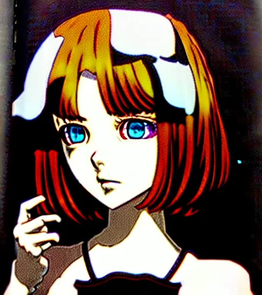 Image similar to girl with morbid thoughts wearing a black spring dress with short brown hair, queen of sharp needles and under the effect of psychosis, by Range Murata, Katsuhiro Otomo, Yoshitaka Amano, Andy Warhol.