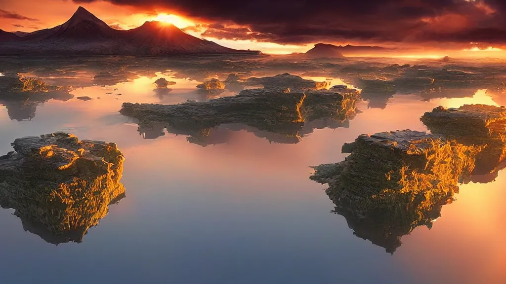 Prompt: amazing photo of floating islands in sunset by marc adamus, beautiful dramatic lighting