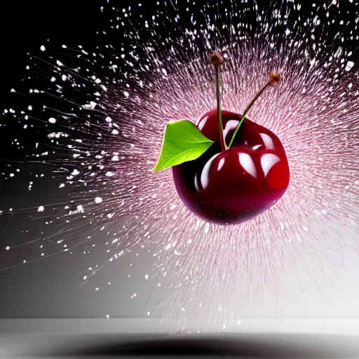 Prompt: Exploding cherry, 3d render, white background, realistic explosion