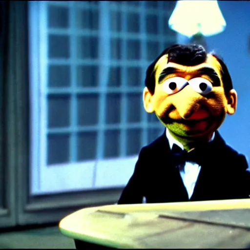 Image similar to mr. bean as a muppet from the muppet show. movie still. cinematic lighting.