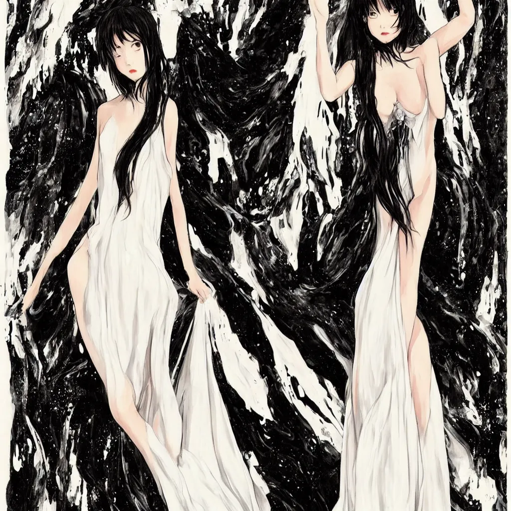 Image similar to Harry Weisburd Artwork Black Wet Hair, Hachishakusama wearing a long absurd white gown, Eight-Feet-Tall, #One shot Goddess, Full Body abnormal