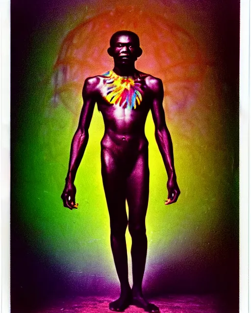 Image similar to a colorful chromatic abberation, 9 0 s toy commercial, double exposure photo from the 7 0 s, polaroid photo of a african tribal warrior, by zdzislaw beksinski, by ernst haeckel