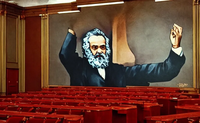 Prompt: 60s movie still of a stalinist style parlement with a giant painting of Karl Marx, by Irving Penn , cinestill 800t 35mm eastmancolor, heavy grainy picture, very detailed, high quality, 4k, HD criterion, precise texture