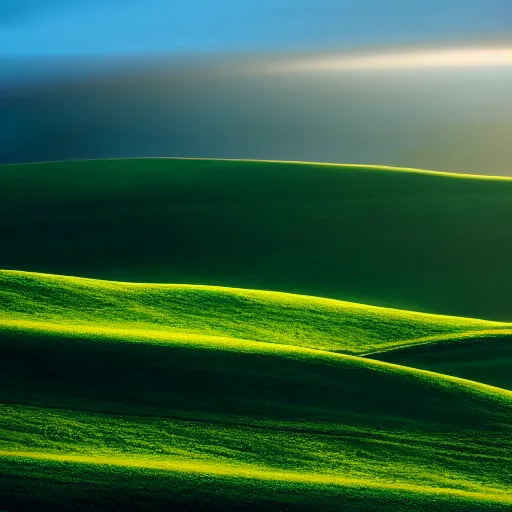 Image similar to https : / / s. mj. run / ixdectgsxzc rolling green hills at dawn. light and shadow. volumetric lighting. award winning photograph