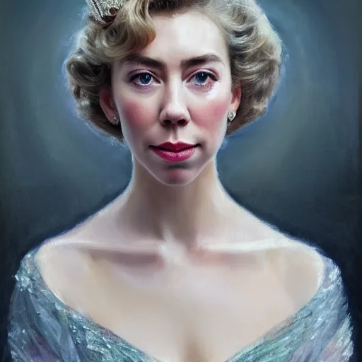 Prompt: vanessa kirby as princess margaret, a beautiful closeup oil painting smooth face, wet lips, perfect eyes, insanely detailed, elegant, by wlop, livia prima, mucha,