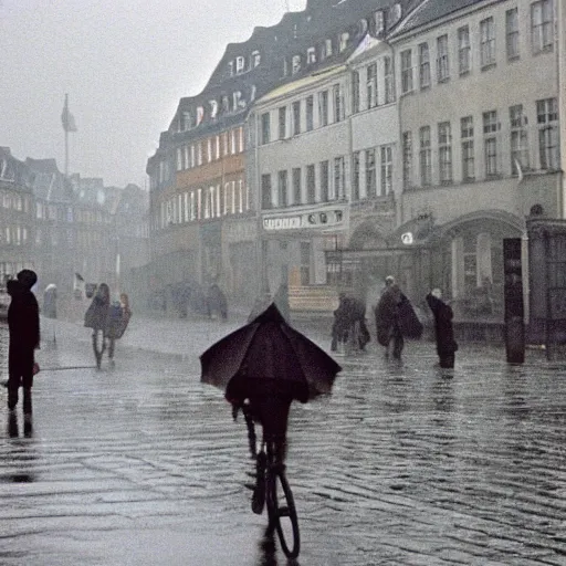 Prompt: Copenhagen on a rainy day in 1970