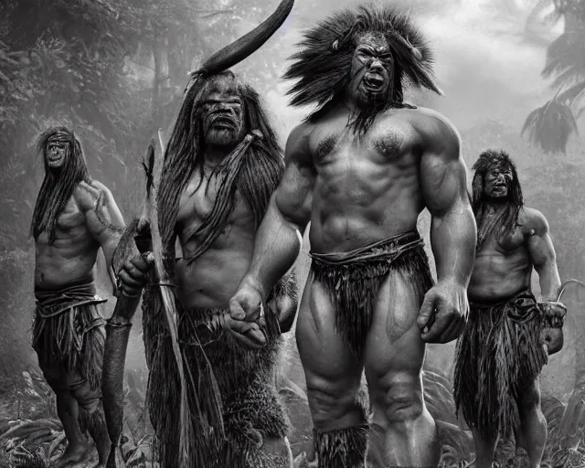 Image similar to hyper realistic group vintage photograph of a live action warcraft orc warrior tribe in the jungle, tall, hulk like physique, detailed faces, tribal paint, tribal armor, grain, old, monochrome, wide angle