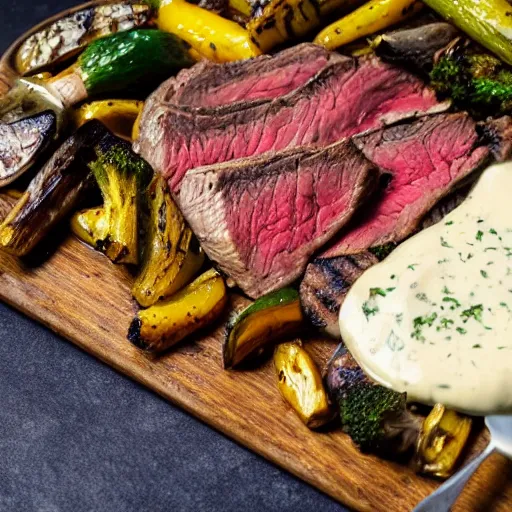 Image similar to delicious 3 2 mm zoomed in adversities photography of a large smoked and seasoned steak well done, with a side seasoned grilled vegetables top in a creamy mozzarella cheese sauce, on a hot platter, very delicious