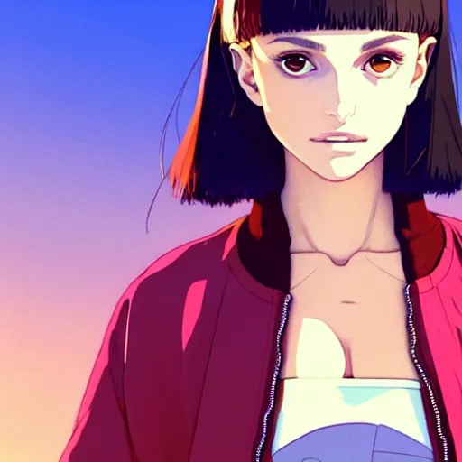 Image similar to a beautiful! boyish! natalie portman alluring gravure! model, wearing oversized aztec bomber jacket and leotard, poofy bomber jacket with mayan patterns, gapmoe yandere grimdark, trending on pixiv fanbox, painted by greg rutkowski makoto shinkai takashi takeuchi studio ghibli, akihiko yoshida