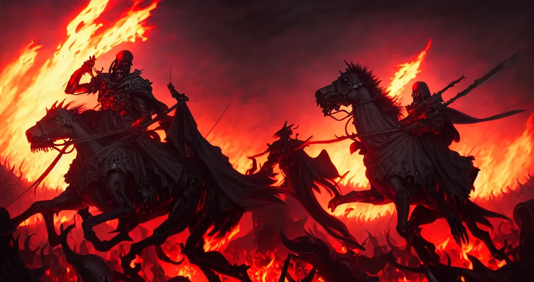 Prompt: ainz ooal gown leading his undead army to battle riding a flaming horse, undead soldiers in background, battlefield, highly detailed, deep focus, elegant, artstation, digital painting, smooth, sharp focus, illustration, ultra realistic, 8 k, art by artgerm and greg rutkowski and alphonse mucha