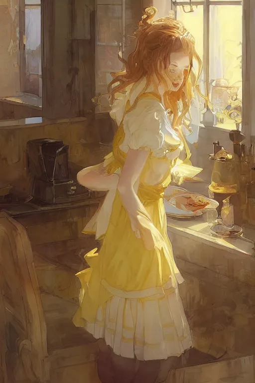 Image similar to A girl in a maid's outfit in a cafe a afternoon, wavy hair yellow theme,S line,45 angel by krenz cushart and mucha and wlop and greg rutkowski