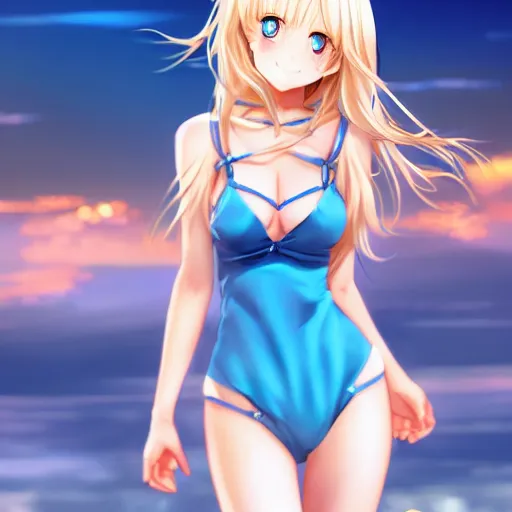 Prompt: a very beautiful young anime cute girl, full body, long wavy blond hair, sky blue eyes, full round face, short smile, bikini, miniskirt, front view, medium shot, mid-shot, highly detailed, cinematic wallpaper by Stanley Artgerm Lau