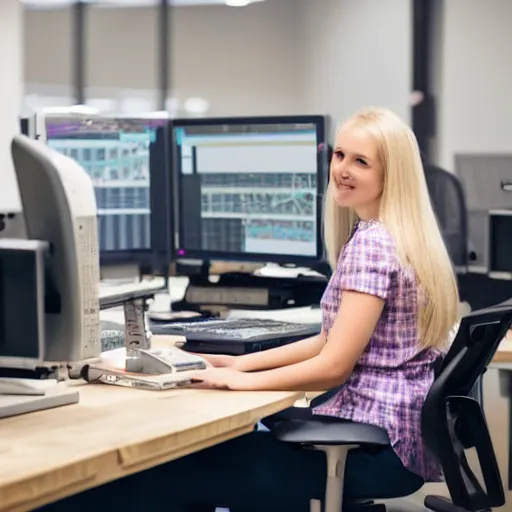 Image similar to a blonde baby girl working CAD computer drafting, civil engineer, sitting at a desk