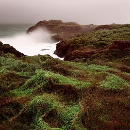 Image similar to dark and moody 1 9 7 0's artistic spaghetti western film in color, a woman in a giant billowy wide long flowing waving red dress, standing inside a green mossy irish rocky scenic landscape, crashing waves and sea foam, volumetric lighting, backlit, moody, atmospheric, fog, extremely windy