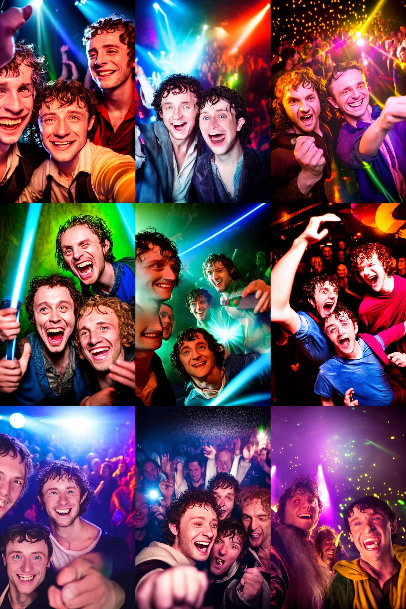 Prompt: nightclub selfie of frodo and pippin smiling, gandalf behind them dancing, bright flash, high saturation, vivid colors, wide - angle lens, tolkien, lord of the rings, 4 k