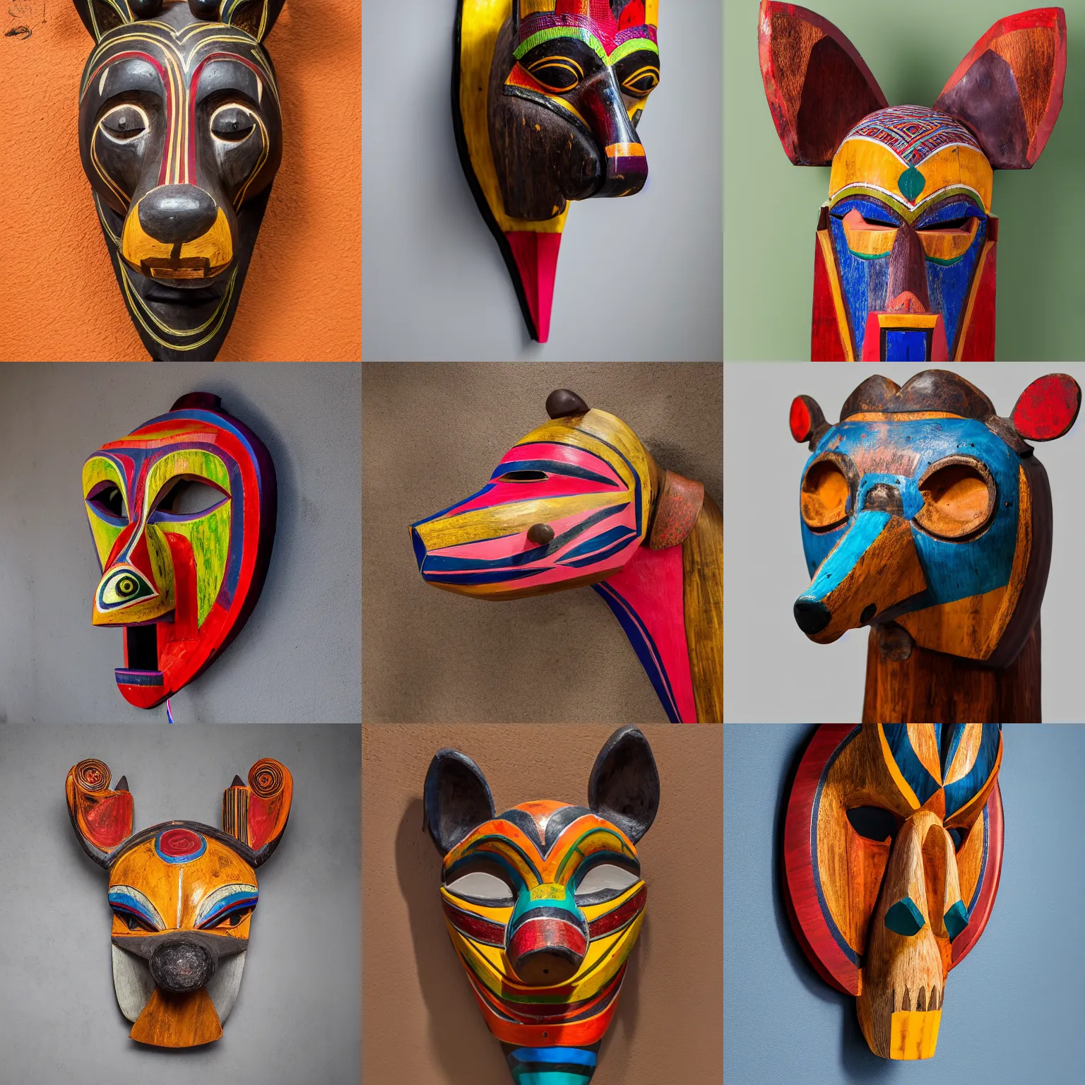 Image similar to a colorful wooden African mask of a dog, wall decoration, handmade, tactile, detailed, orientalist, indoor dim light, spotlight, 4K photo
