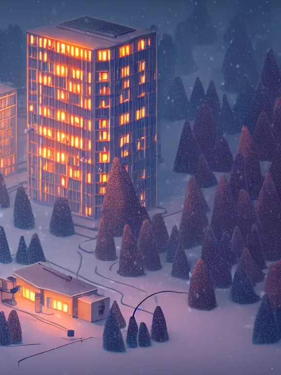 Prompt: detailed isometric diorama a soviet residential building, brutalism architecture, lights are on in the windows, sad man in winter jacket passing by, dark night, cozy and peaceful atmosphere, fog, cold winter, blizzard, streetlamps with orange light, several birches nearby