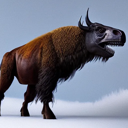 Prompt: A full frame image of a mix of a bison and a tyrannosaurus rex, highly detailed, 8k, Unreal Engine render