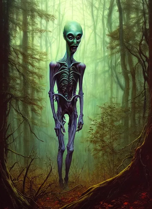 Prompt: hyper realistic spooky alien in the woods in a river gorgeous lighting, lush forest foliage blue sky a hyper realistic painting by chiara bautista and beksinski and norman rockwell and greg rutkowski, tom bagshaw weta studio, and lucasfilm