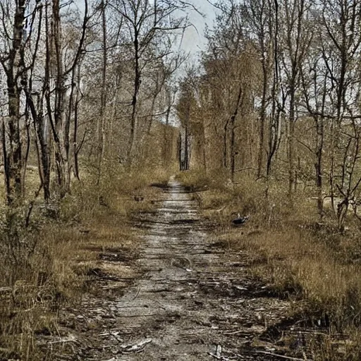 Prompt: an abandoned road within the Chernobyl Exclusion Zone, high resolution vintage photograph, abandoned huts