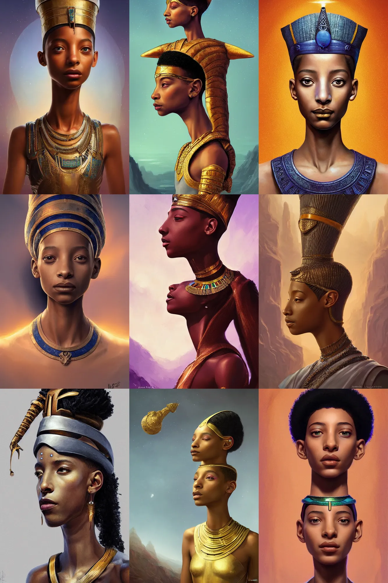 Prompt: willow smith as queen nefertiti, highly detailed, digital painting, artstation, concept art, sharp focus, illustration, rutkowski, raphael lacoste, magali villeneuve