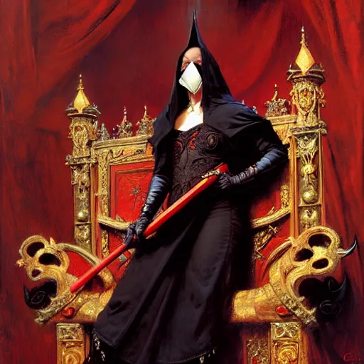 Image similar to full body portrait of red skinned, masked queen in black gothic robes sitting on a throne of swords, elegant, highly detailed painting by gaston bussiere, craig mullins, j. c. leyendecker, 8 k, mid shot