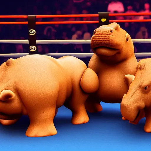 Prompt: Photorealistic hippos in a boxing match