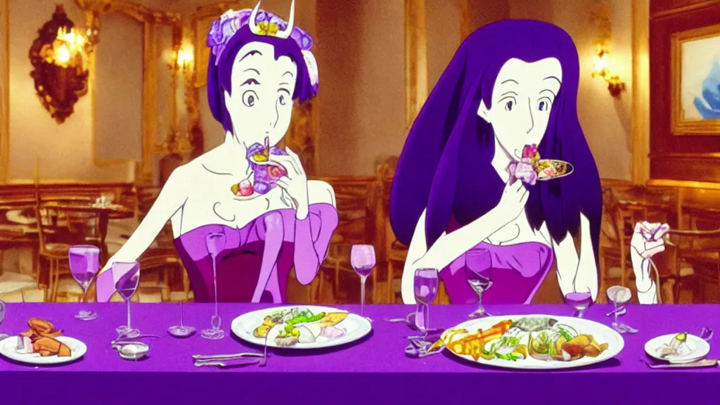 Image similar to a woman wearing a purple dress and wearing a purple slug mask eating dinner at a fancy French restaurant in Tokyo, anime film still from the an anime directed by Katsuhiro Otomo with art direction by Salvador Dalí, wide lens