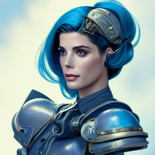 Image similar to Ashley Greene's face combined with Grace Kelly's face with blue hair wearing power armor, western, D&D, fantasy, intricate, elegant, highly detailed, digital painting, artstation, concept art, matte, sharp focus, illustration, art by Artgerm and Greg Rutkowski and Alphonse Mucha