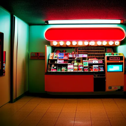 Image similar to noisy color photograph of inside a retrofuturist empty convenience store, dark pit, minimalist, cinematic, soft vintage glow, lens flare