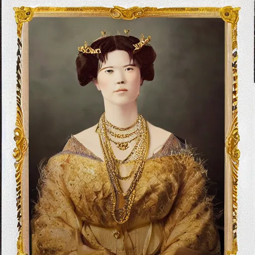 Prompt: a wide full shot, russian and japanese mix 1 9 0 0 s historical fantasy of a photograph portrait taken of a royal gold leaf tiara with intertwined white feathers, photographic portrait, warm lighting, from an official photographer from the royal museum. displayed in a museum.