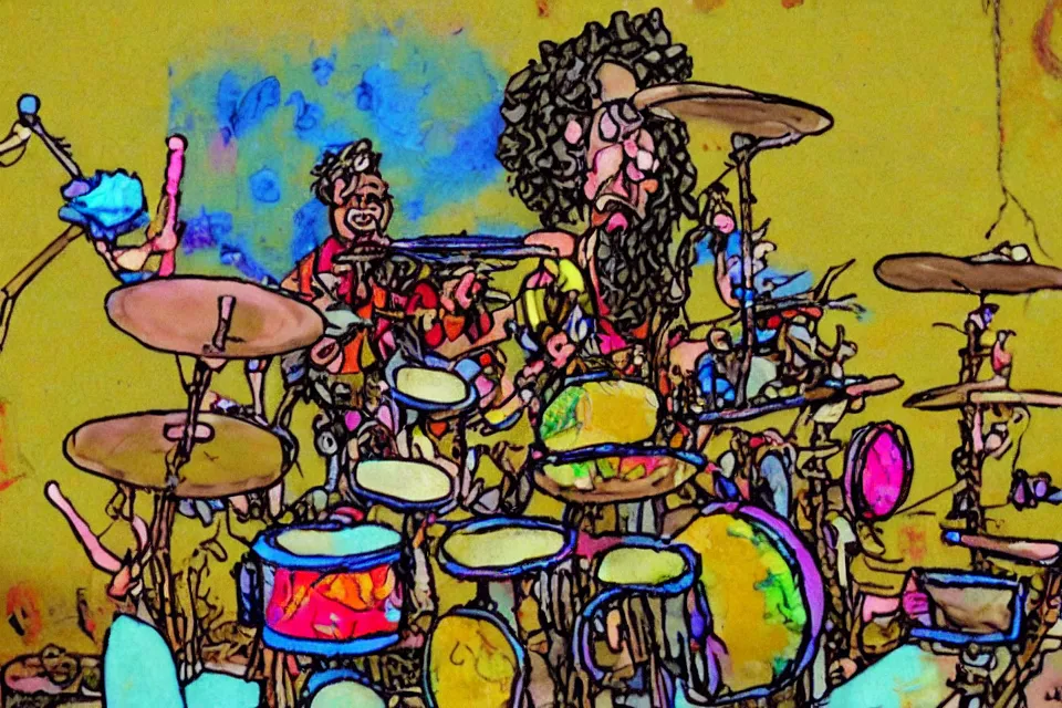 Prompt: a claymation film still of a curly long hair drummer with psychedelic clothes playing the drum set. claymation by bruce bickford