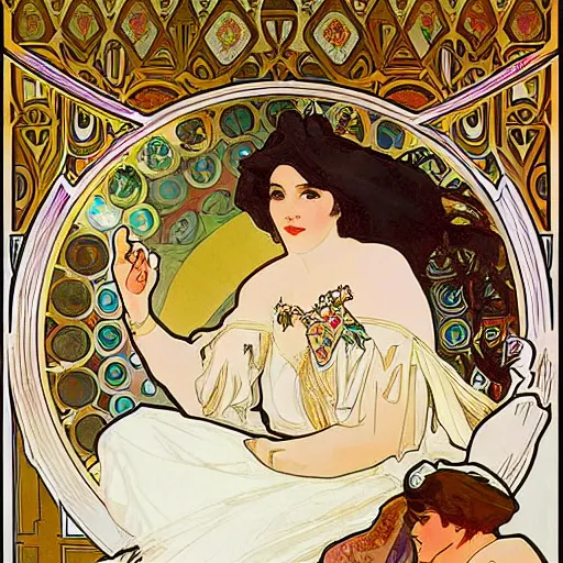 Prompt: painting by alphonse mucha, interior of an opera house with a singer in a white dress on a lighted stage with an orchestra and audience in the hall