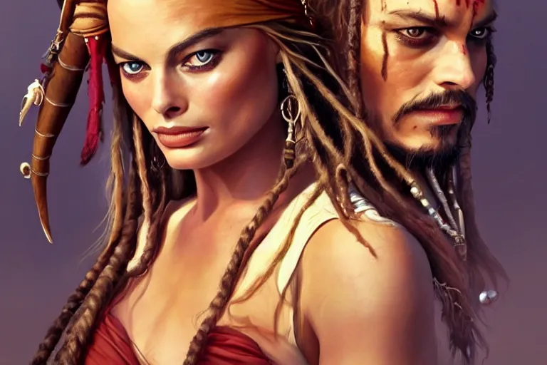 Prompt: beautiful portrait photo of Margot Robbie as Jack Sparrow pirate, elegant, sun shines in the sky, blood in the seahighly, dramatic lighting, detailed, digital painting, artstation, concept art, smooth, sharp focus, illustration, art by artgerm