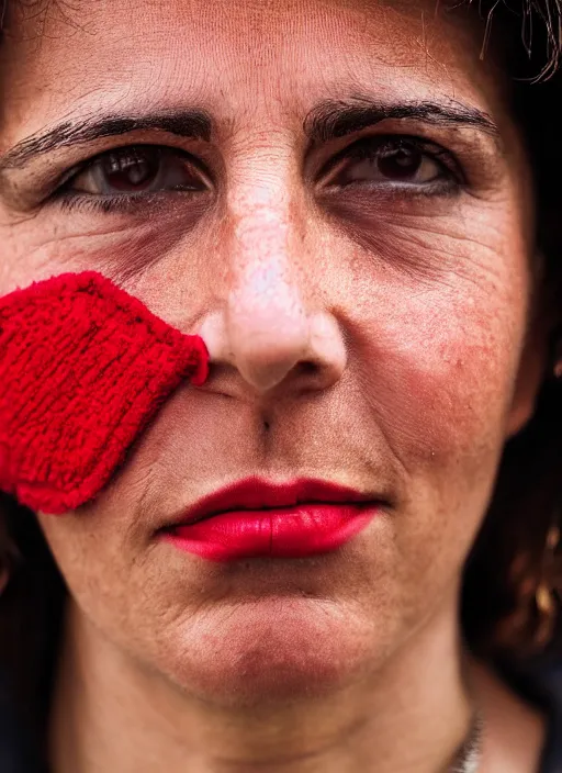 Image similar to close up portrait of beautiful 35-years-old Italian woman, wearing a red outfit, well-groomed model, candid street portrait in the style of Steve McCurry award winning